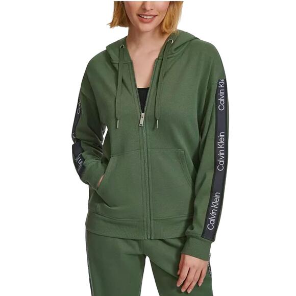 Calvin Klein Women's Fleece Logo Stripe Full Zip Hoodie NWT GREEN SIZE S - Picture 1 of 9